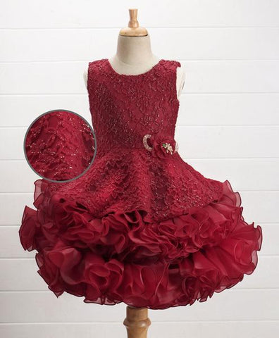 Babyhug® Sleeveless Party Tutu Dress Lace Design - Maroon