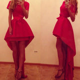 Asymmetric High Waist Short Sleeve Red Party Dress