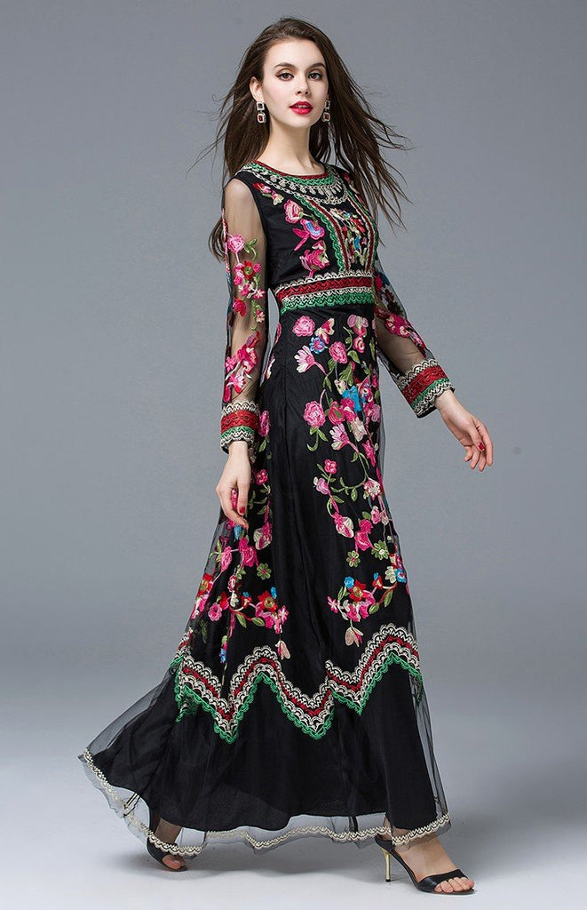 LONG SLEEVE VINTAGE STYLE FLORAL EMBROIDERED DRESS Ravi's Dev Store LONG SLEEVE VINTAGE STYLE FLORAL EMBROIDERED DRESS Ravi's Dev Store