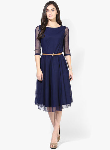 MIAMINX Navy Blue Colored Solid Skater Dress