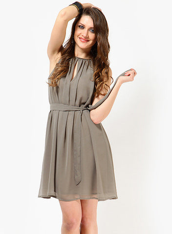Tops And Tunics Grey Colored Solid Skater Dress