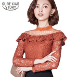 long sleeved lace sexy hollow blouse collar ladies casual high neck clothing