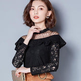long sleeved lace sexy hollow blouse ladies casual high neck clothing
