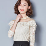 long sleeved lace sexy hollow blouse collar ladies casual high neck clothing